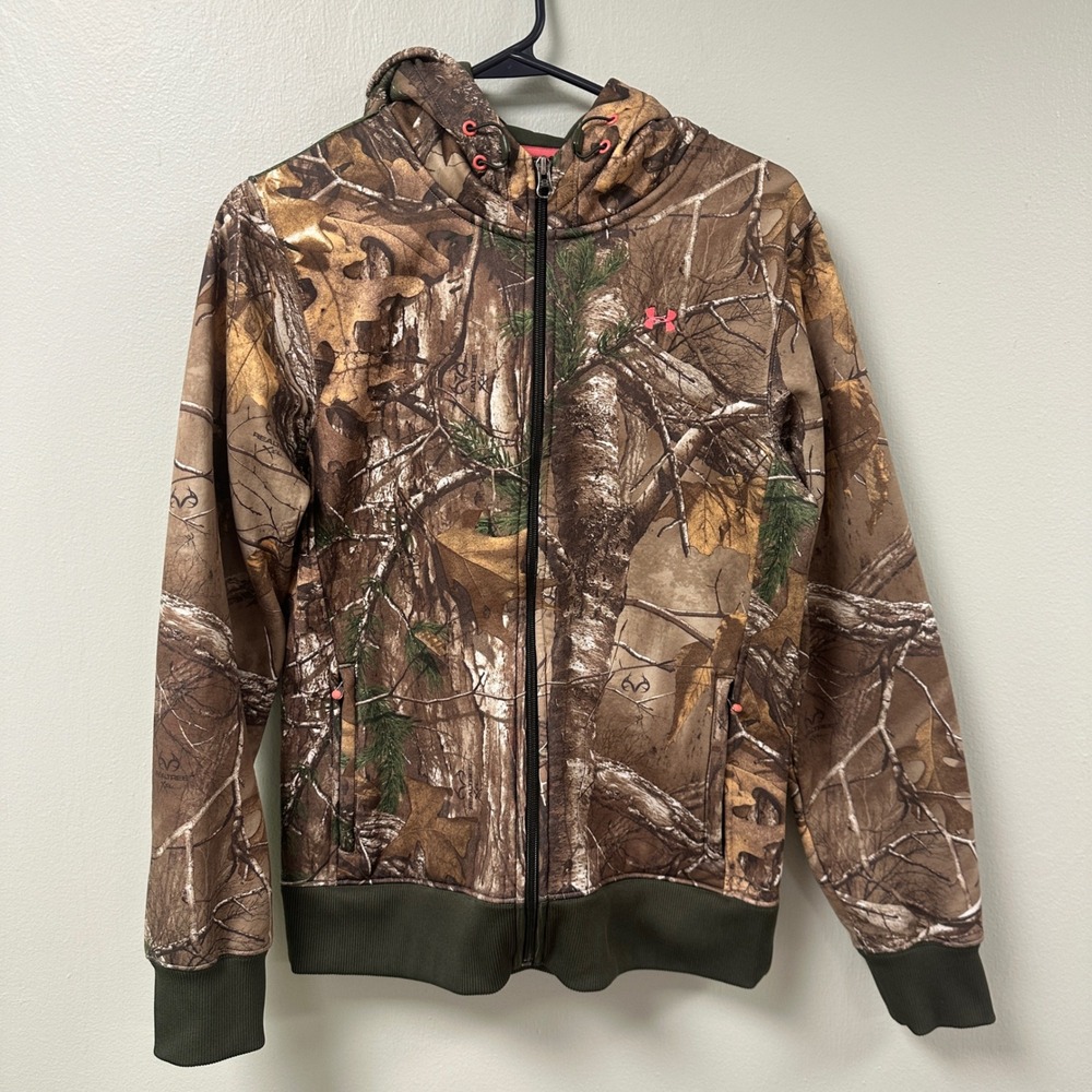 Under Armour Womens Realtree Camo Full Zip Fleece Hoodie Jacket Pink Logo Medium